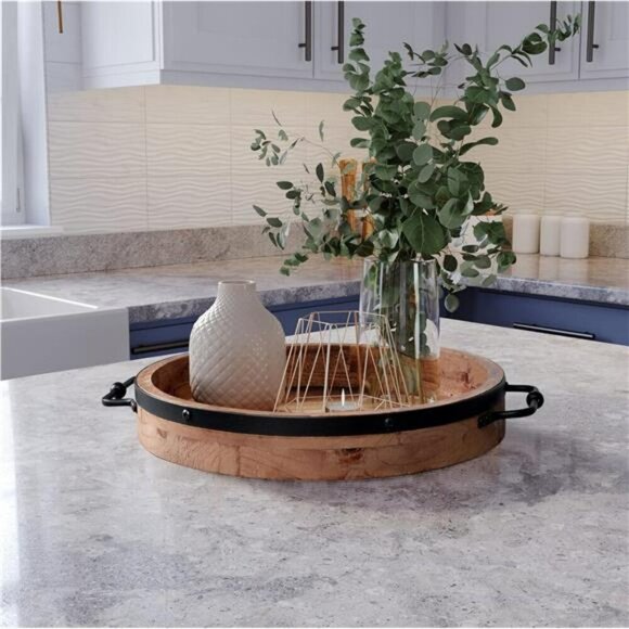 Round Wood Coffee Table Tray with Metal Handles Farmhouse Decor Centerpiece - Picture 5 of 7